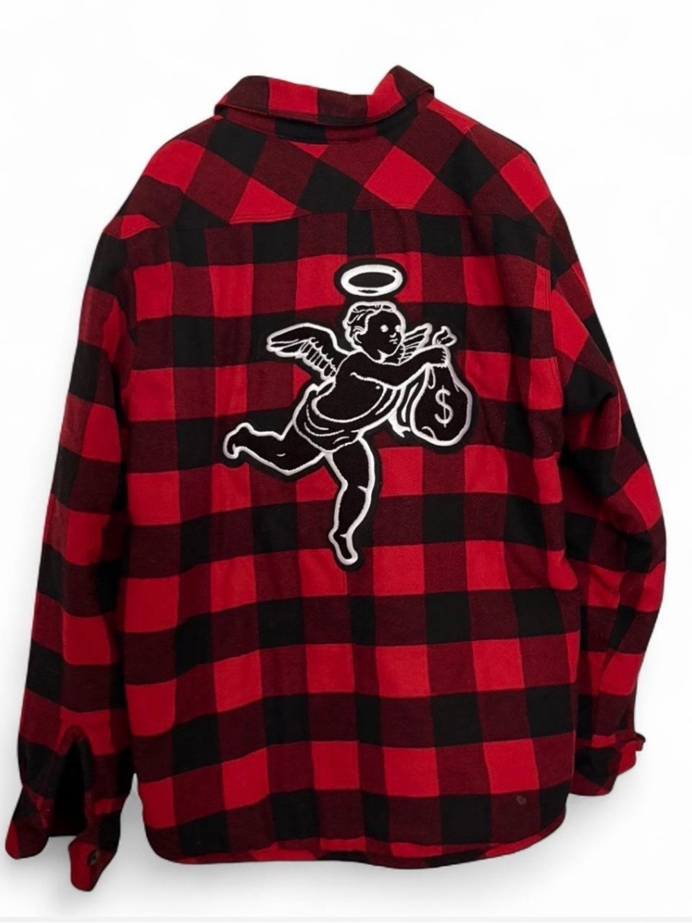 Red and Black Plaid Shacket with Angel Patch